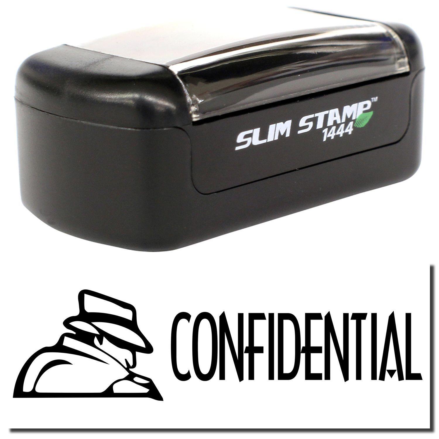 A stock office pre-inked stamp with a stamped image showing how the text CONFIDENTIAL with an eye-catching logo on the left side is displayed after stamping.