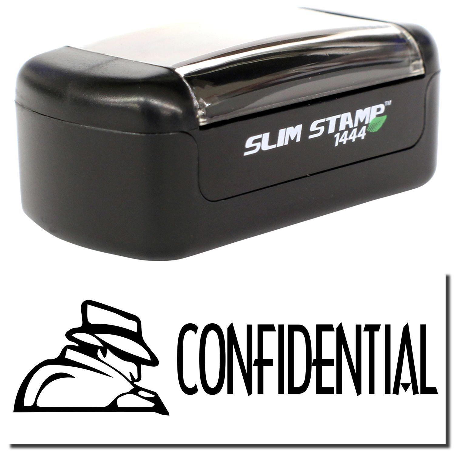 A stock office pre-inked stamp with a stamped image showing how the text "CONFIDENTIAL" with an eye-catching logo on the left side is displayed after stamping.