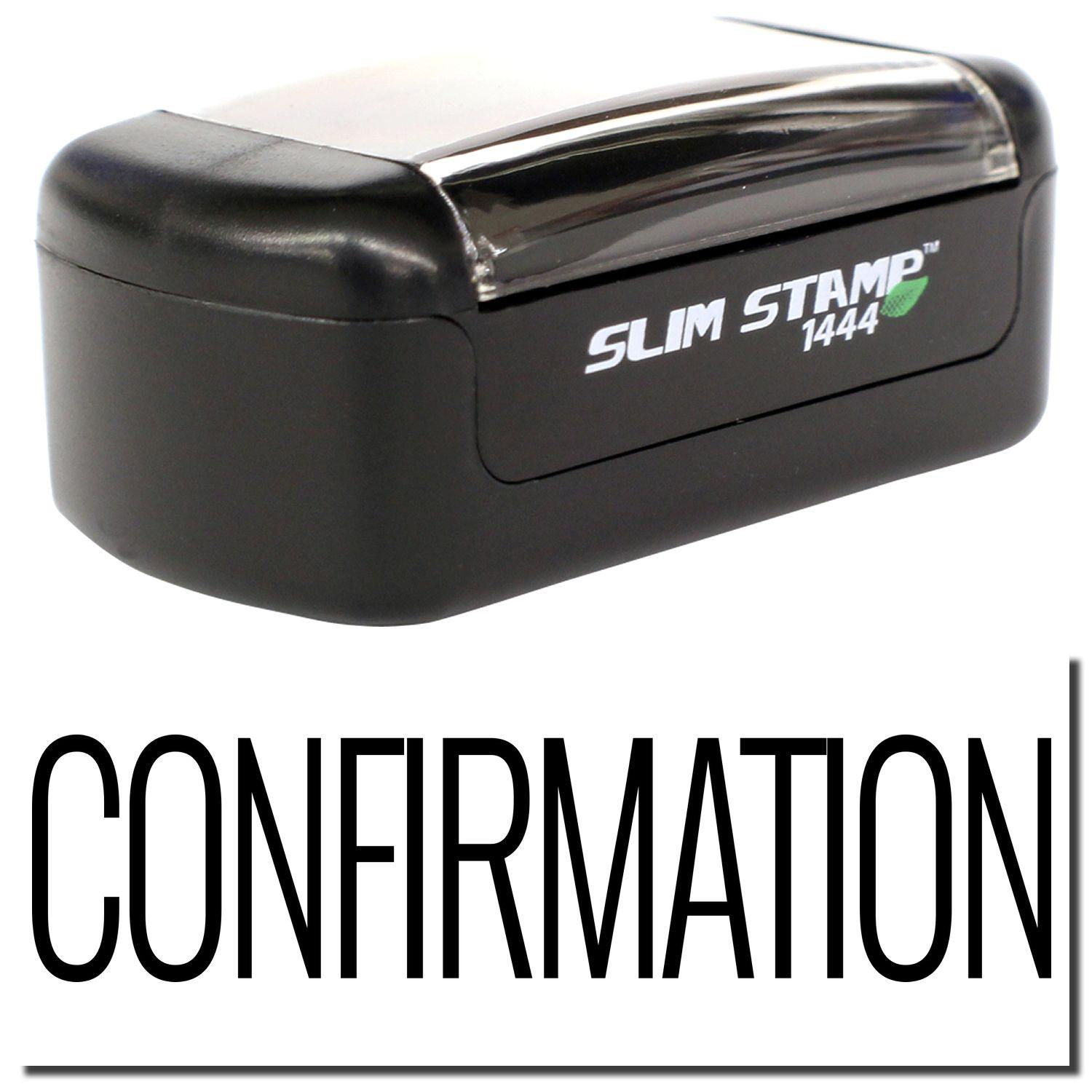 A stock office pre-inked stamp with a stamped image showing how the text CONFIRMATION is displayed after stamping.