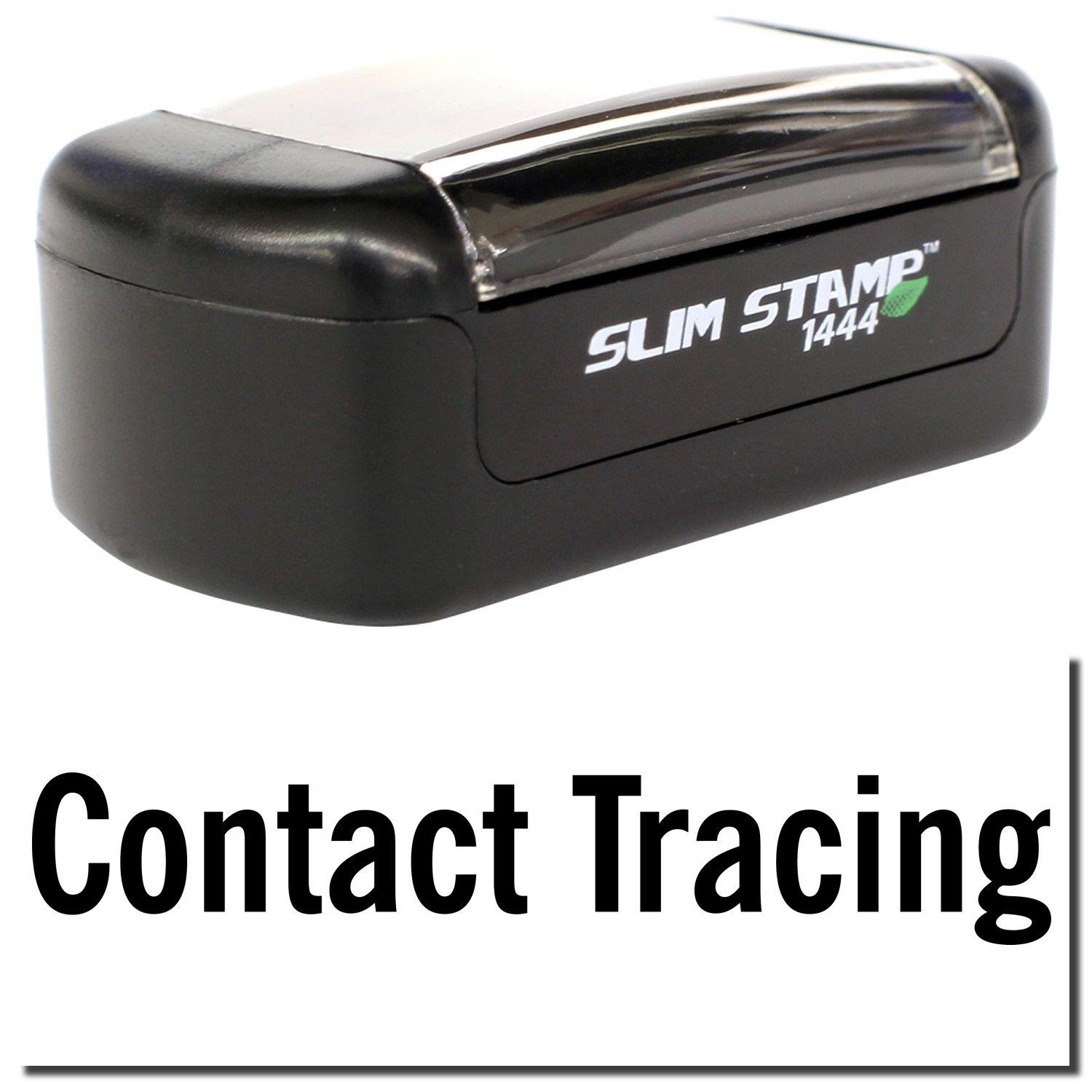 A stock office pre-inked stamp with a stamped image showing how the text Contact Tracing is displayed after stamping.