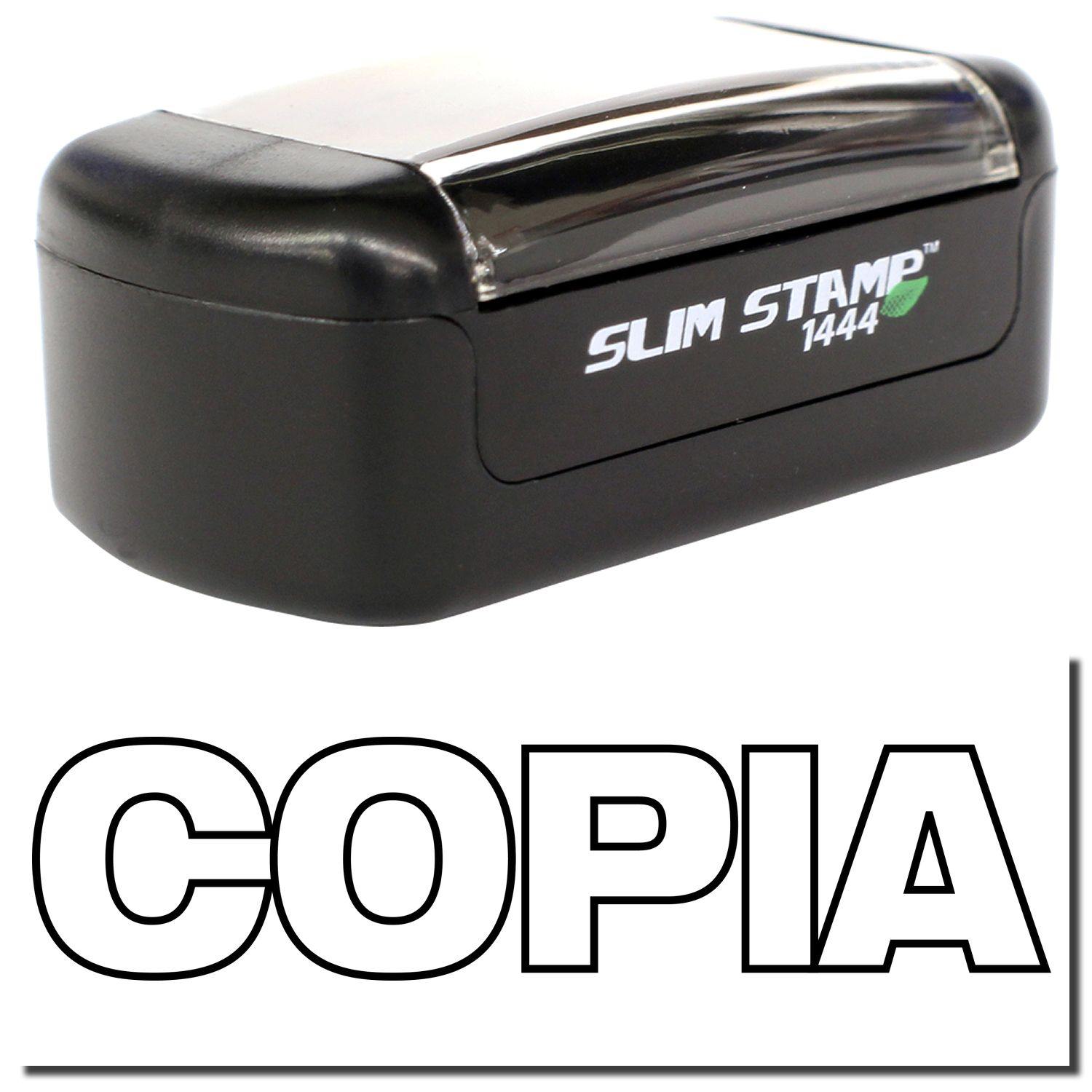 A stock office pre-inked stamp with a stamped image showing how the text COPIA in an outline font is displayed after stamping.