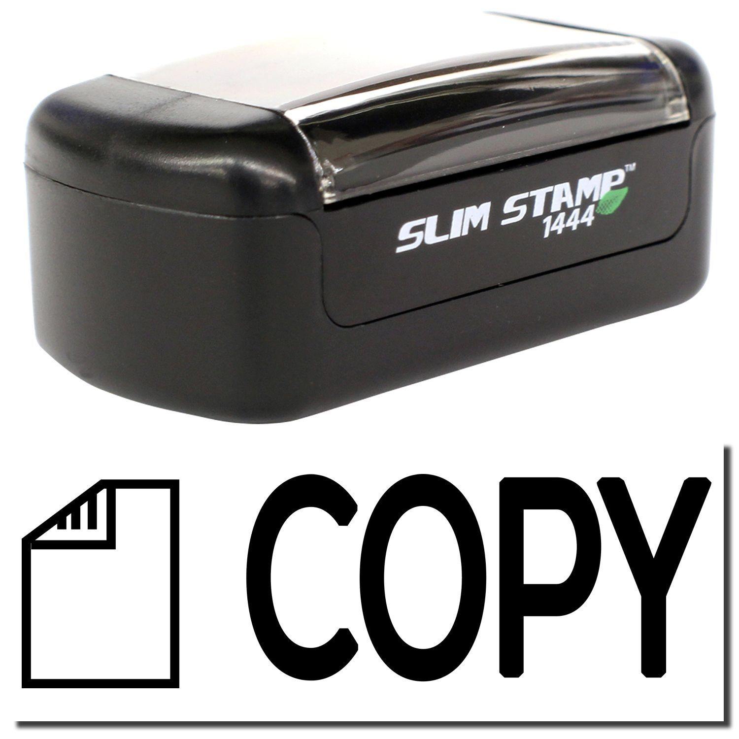 A stock office pre-inked stamp with a stamped image showing how the text "COPY" in a bold font and a small image of a letter on the left is displayed after stamping.