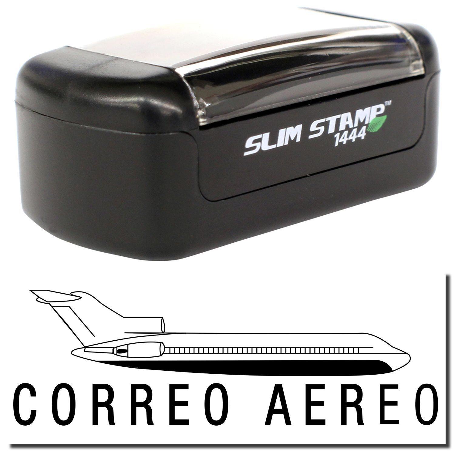 A stock office pre-inked stamp with a stamped image showing how the text "CORREO AEREO" is displayed after stamping.