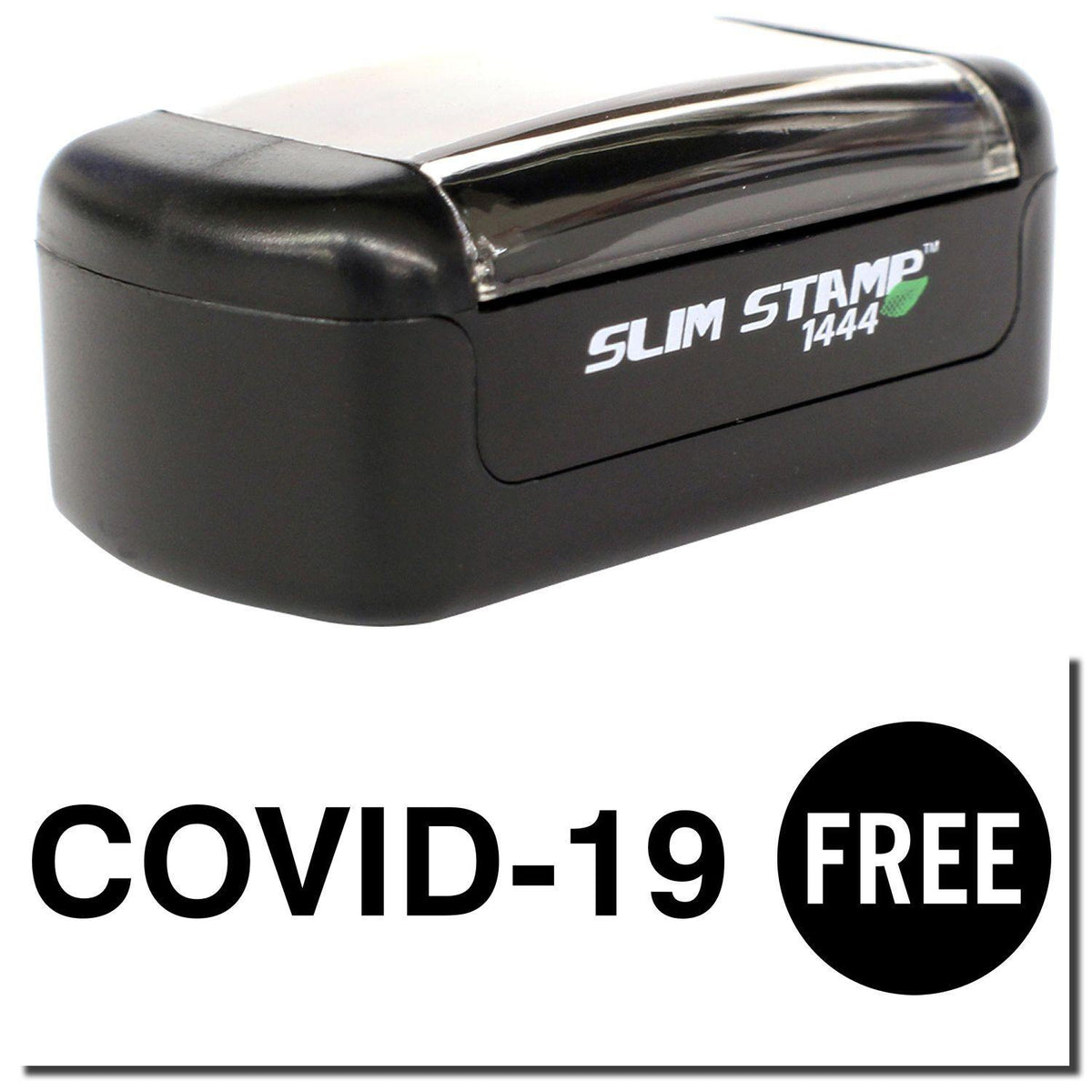 A stock office pre-inked stamp with a stamped image showing how the text &quot;COVID-19 FREE&quot; is displayed after stamping.