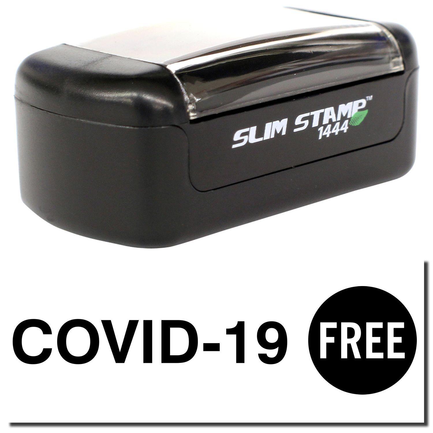 A stock office pre-inked stamp with a stamped image showing how the text "COVID-19 FREE" is displayed after stamping.