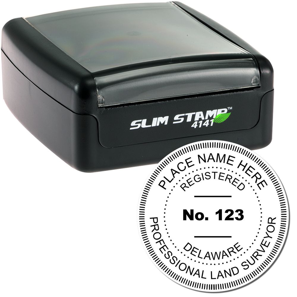 The main image for the Slim Pre-Inked Delaware Land Surveyor Seal Stamp depicting a sample of the imprint and electronic files