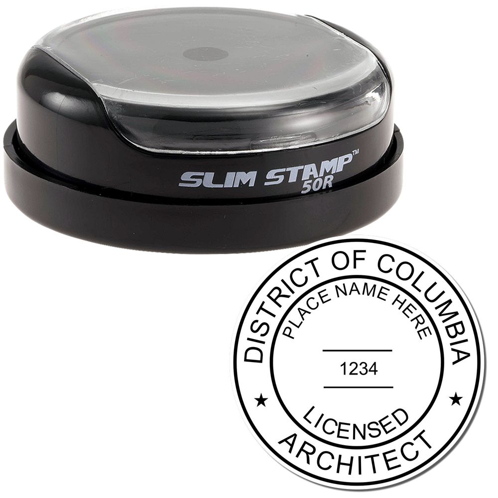 The main image for the Slim Pre-Inked District of Columbia Architect Seal Stamp depicting a sample of the imprint and electronic files