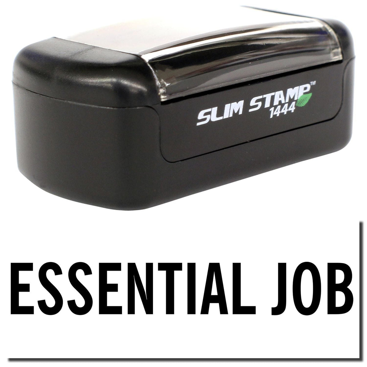 A stock office pre-inked stamp with a stamped image showing how the text &quot;ESSENTIAL JOB&quot; is displayed after stamping.