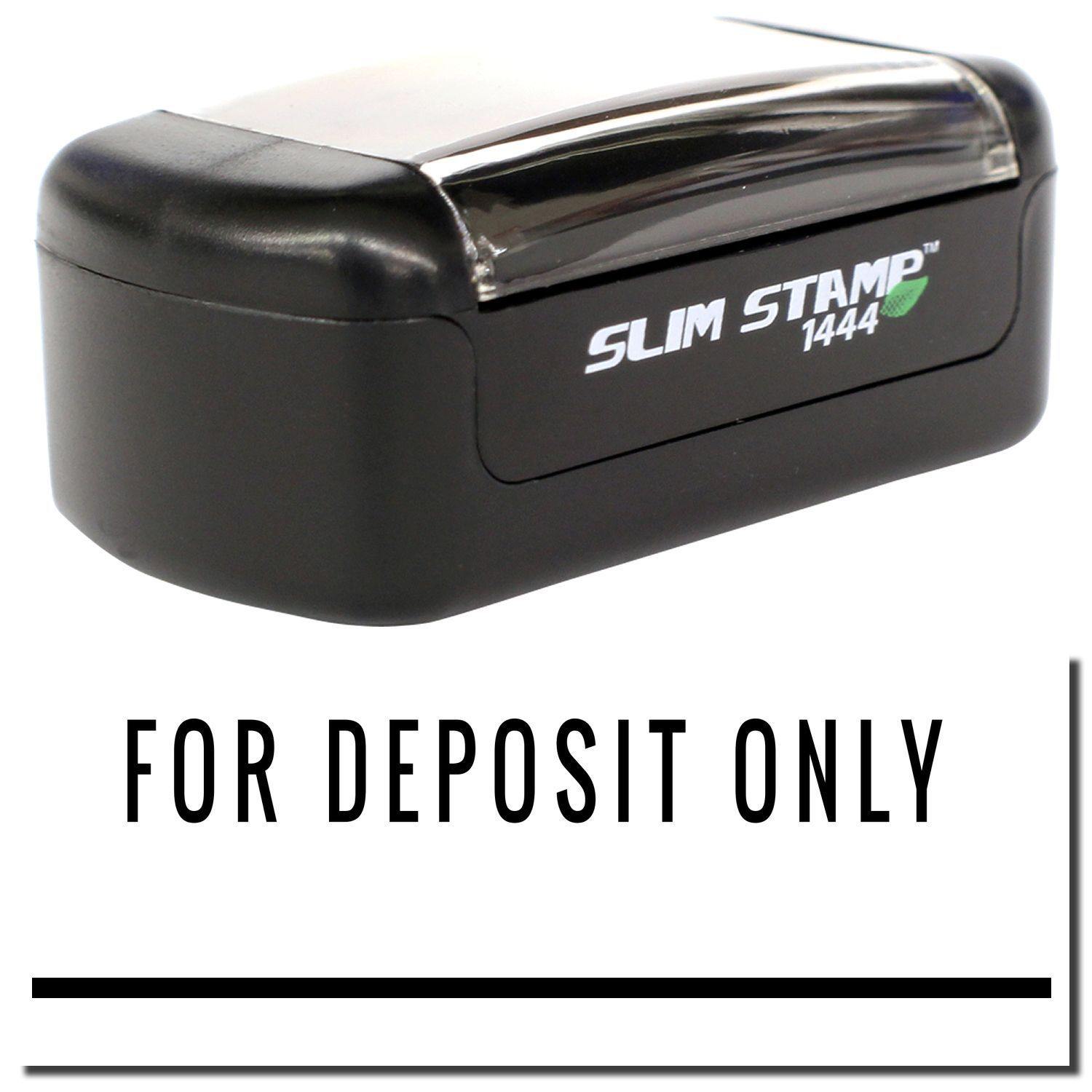 A stock office pre-inked stamp with a stamped image showing how the text FOR DEPOSIT ONLY with a line underneath the text is displayed after stamping.
