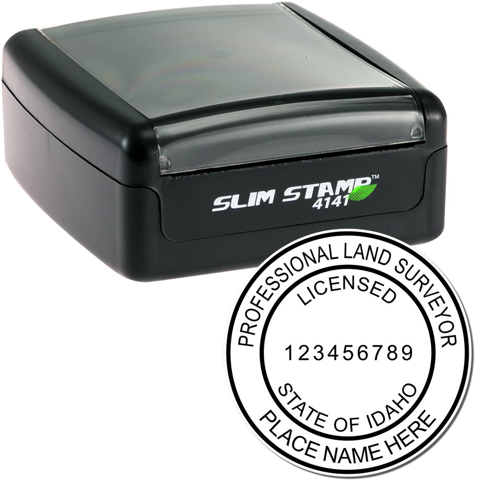 The main image for the Slim Pre-Inked Idaho Land Surveyor Seal Stamp depicting a sample of the imprint and electronic files