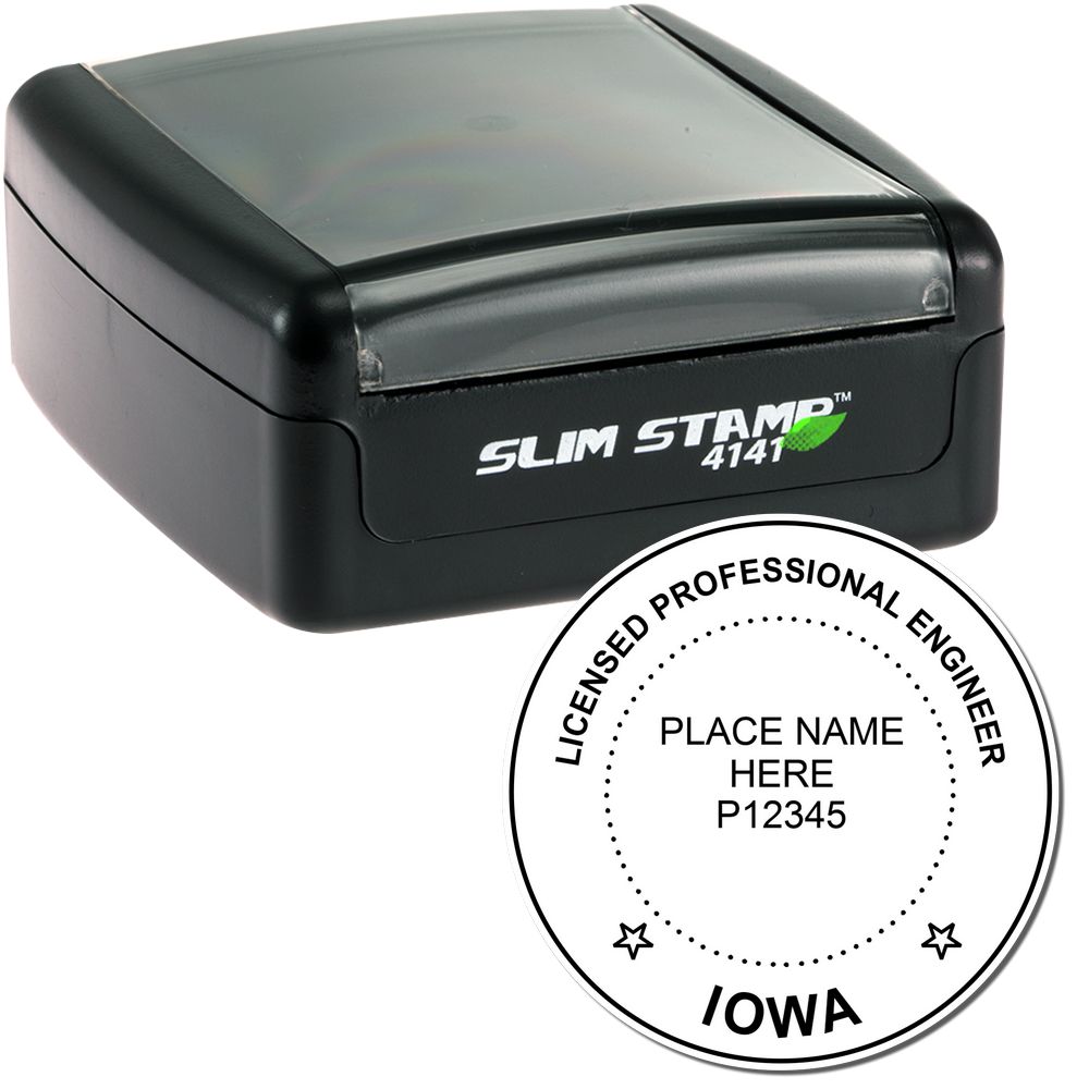 The main image for the Slim Pre-Inked Iowa Professional Engineer Seal Stamp depicting a sample of the imprint and electronic files