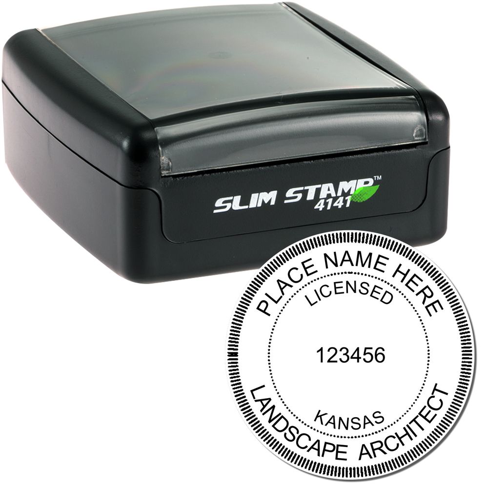 The main image for the Slim Pre-Inked Kansas Landscape Architect Seal Stamp depicting a sample of the imprint and electronic files