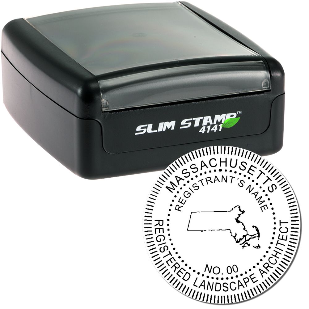 The main image for the Slim Pre-Inked Massachusetts Landscape Architect Seal Stamp depicting a sample of the imprint and electronic files
