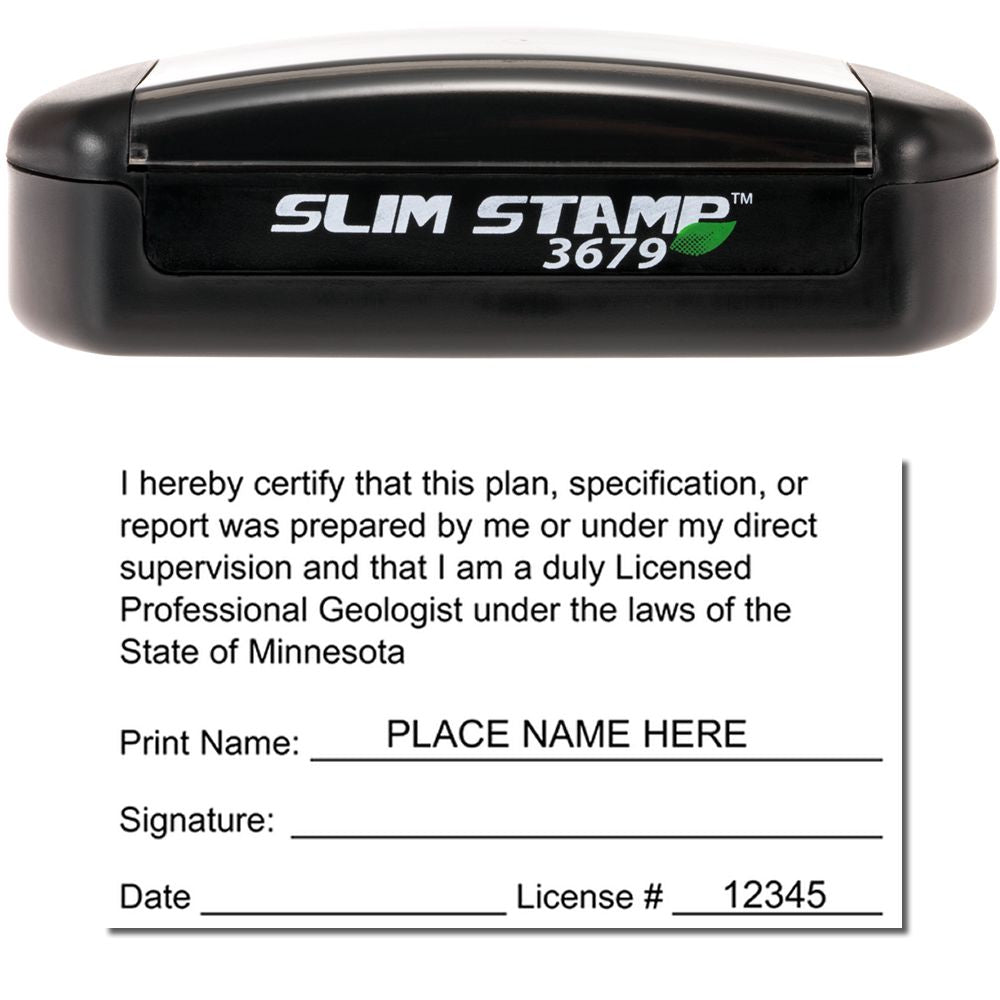 The main image for the Slim Pre-Inked Minnesota Professional Geologist Seal Stamp depicting a sample of the imprint and imprint sample