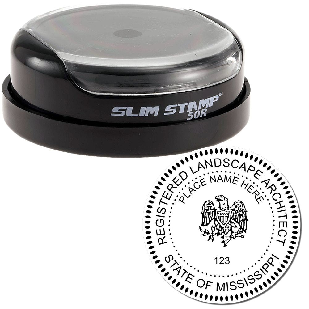 The main image for the Slim Pre-Inked Mississippi Landscape Architect Seal Stamp depicting a sample of the imprint and electronic files