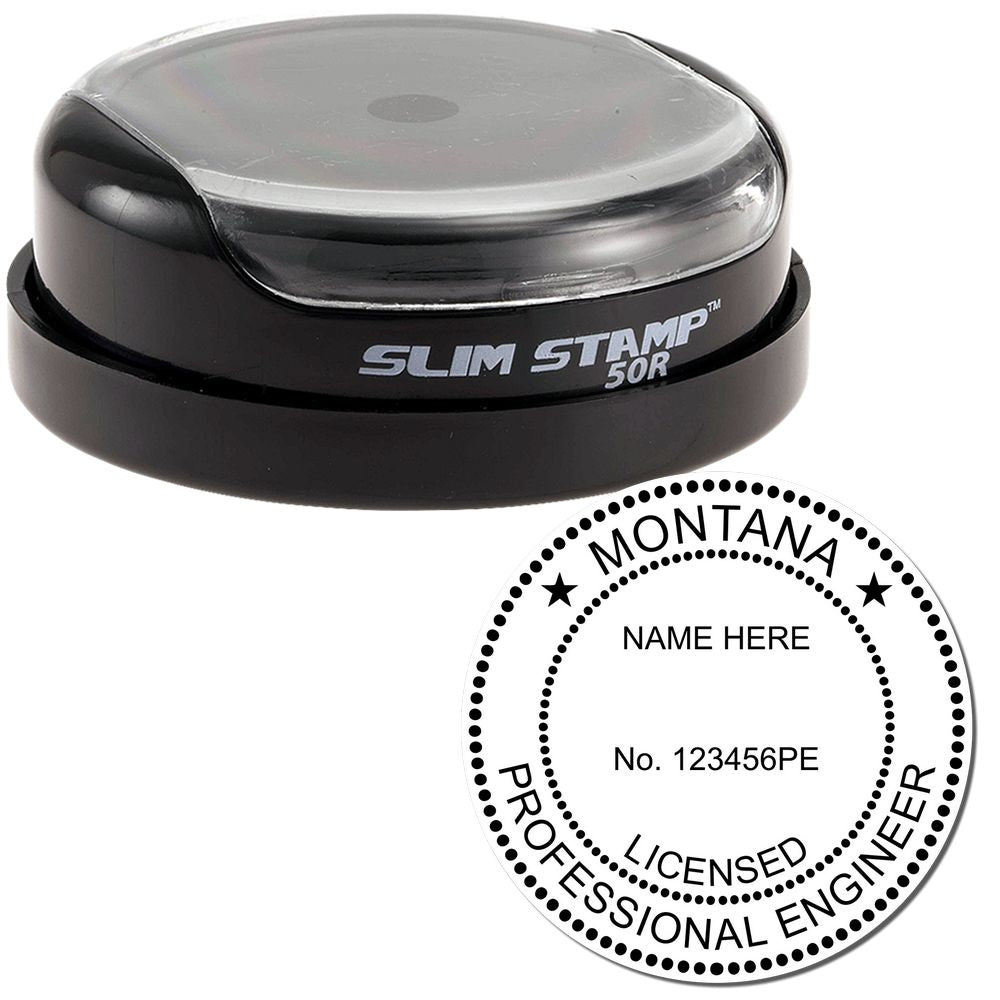 The main image for the Slim Pre-Inked Montana Professional Engineer Seal Stamp depicting a sample of the imprint and electronic files