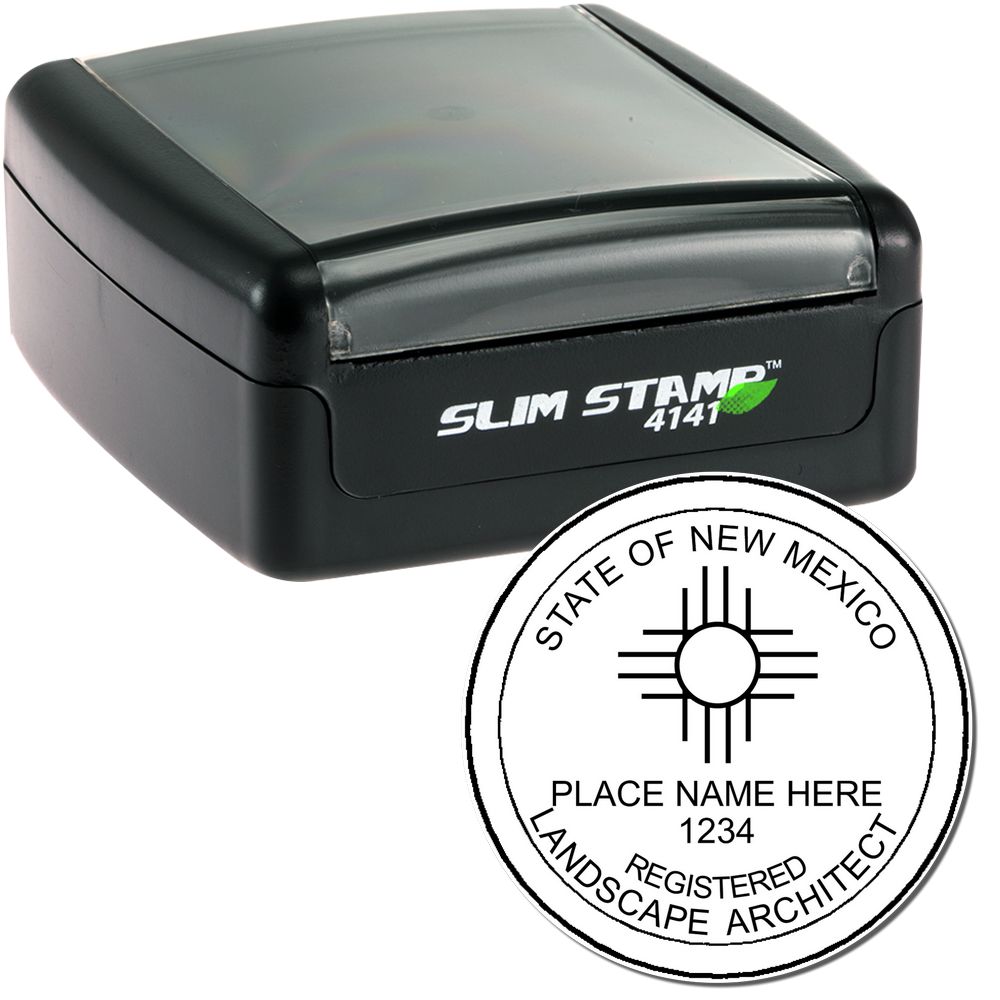 The main image for the Slim Pre-Inked New Mexico Landscape Architect Seal Stamp depicting a sample of the imprint and electronic files