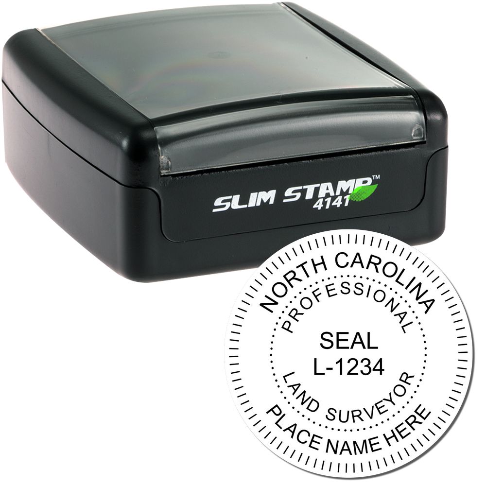 The main image for the Slim Pre-Inked North Carolina Land Surveyor Seal Stamp depicting a sample of the imprint and electronic files
