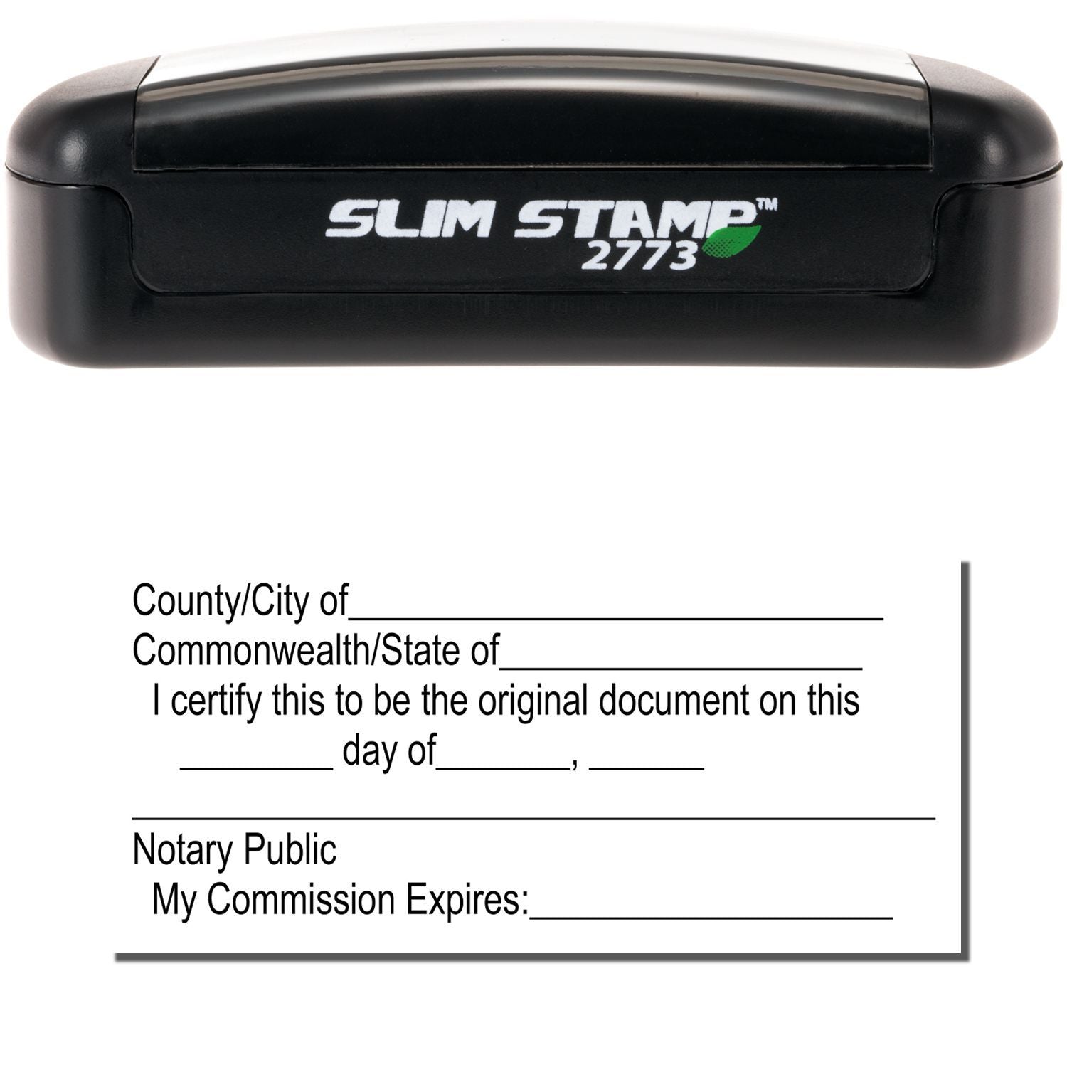 Slim Pre-Inked Original Document Stamp with black casing, featuring a notary public template for certifying original documents.