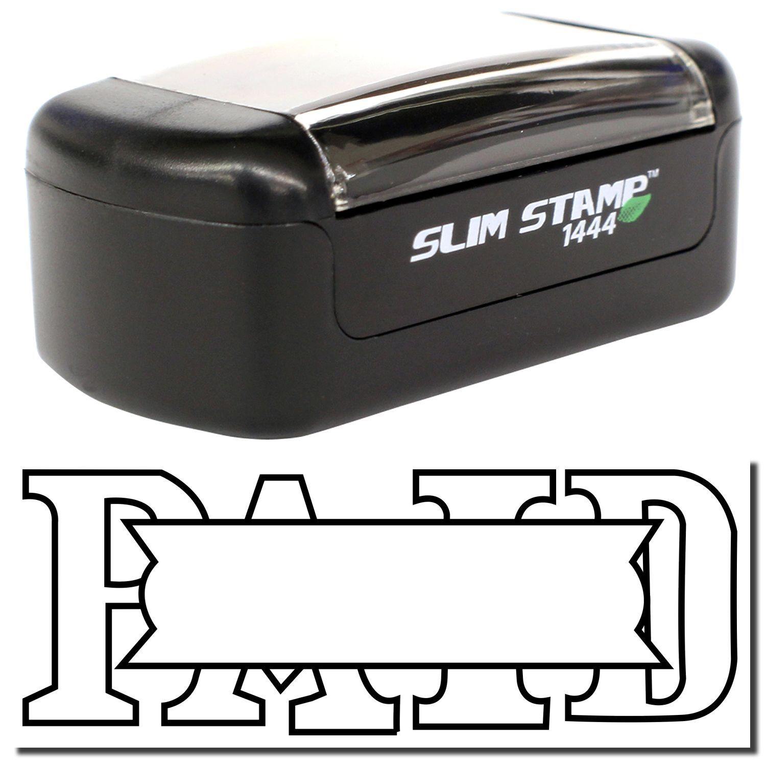 Slim Pre-Inked Paid with Box Stamp in black, featuring a compact design and a clear PAID imprint with a box for additional text.