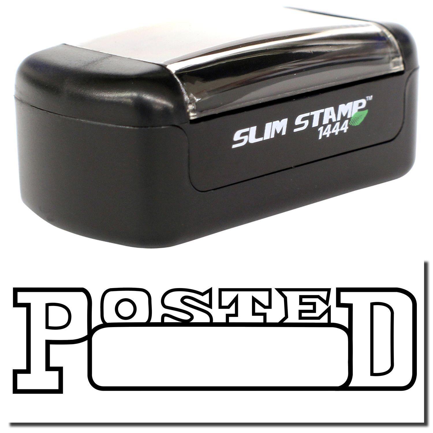 Slim Pre-Inked Posted with Date Box Stamp, black, compact design with clear cover, and POSTED text with a date box below.