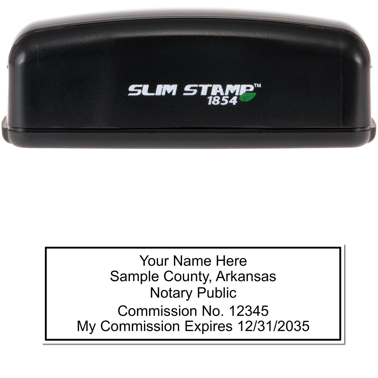The main image for the Slim Pre-Inked Rectangular Notary Stamp for Arkansas depicting a sample of the imprint and electronic files