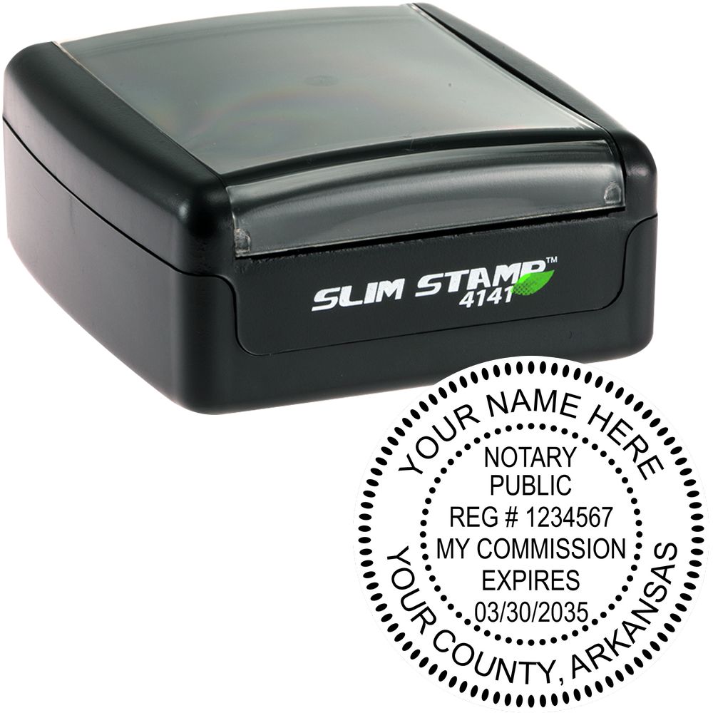 The main image for the Slim Pre-Inked Round Notary Stamp for Arkansas depicting a sample of the imprint and electronic files