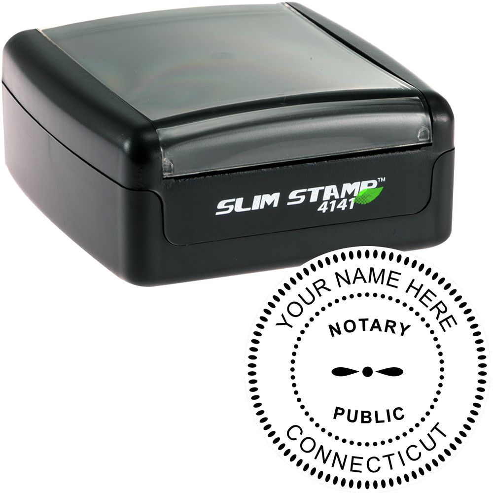 The main image for the Slim Pre-Inked Round Notary Stamp for Connecticut depicting a sample of the imprint and electronic files