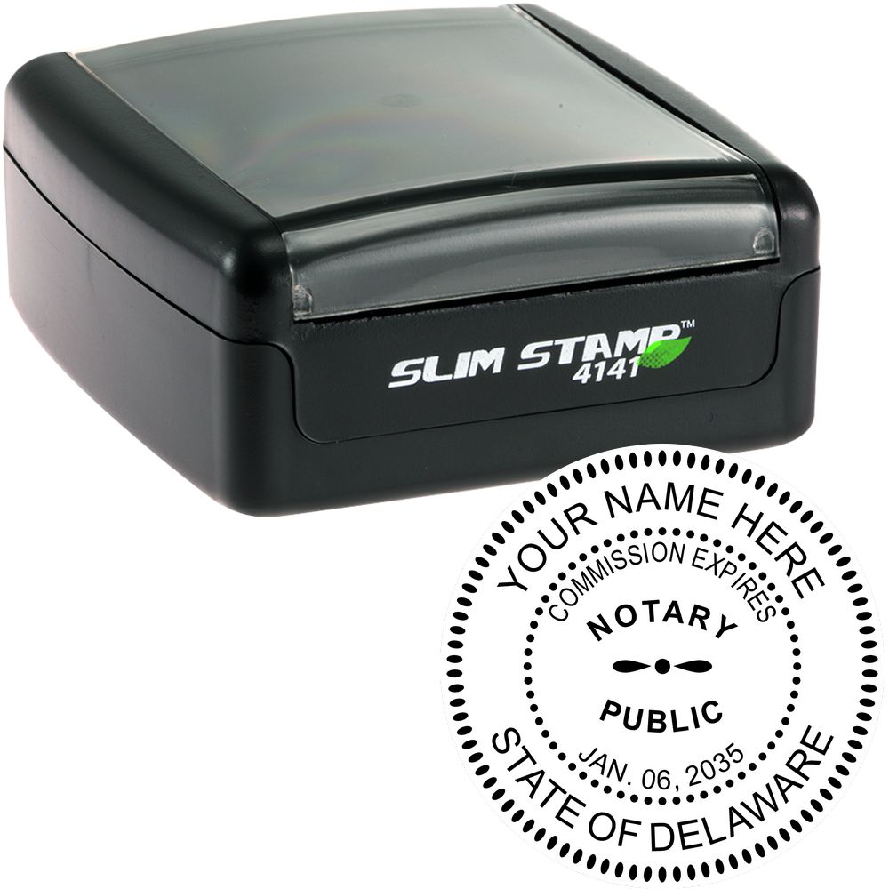 The main image for the Slim Pre-Inked Round Notary Stamp for Delaware depicting a sample of the imprint and electronic files
