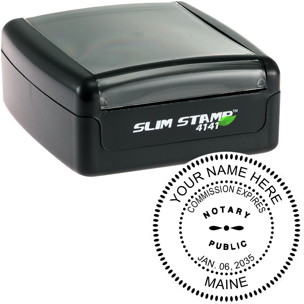 The main image for the Slim Pre-Inked Round Notary Stamp for Maine depicting a sample of the imprint and electronic files