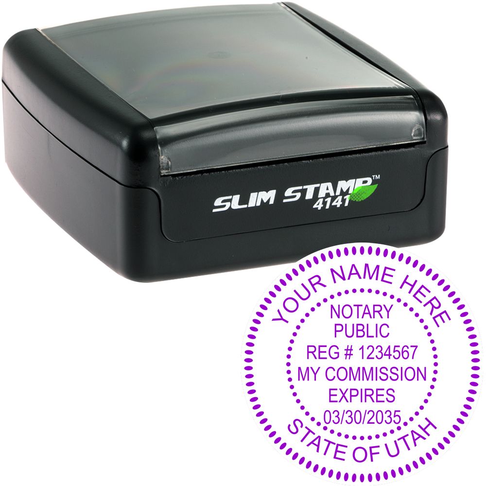 The main image for the Slim Pre-Inked Round Notary Stamp for Utah depicting a sample of the imprint and electronic files