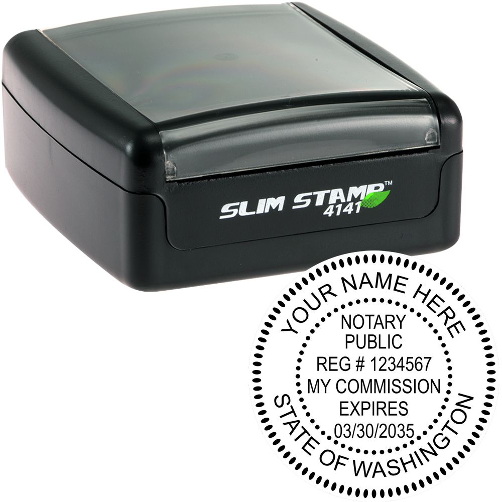 The main image for the Slim Pre-Inked Round Notary Stamp for Washington depicting a sample of the imprint and electronic files