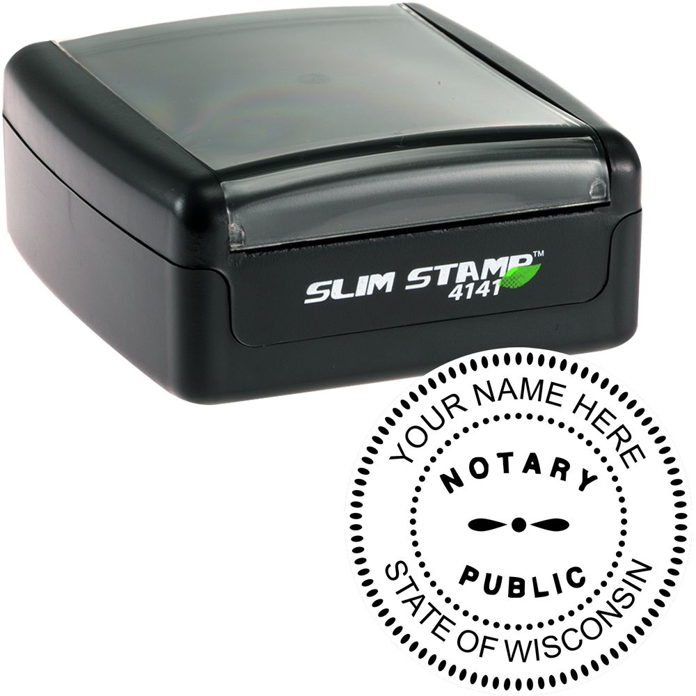 The main image for the Slim Pre-Inked Round Notary Stamp for Wisconsin depicting a sample of the imprint and electronic files