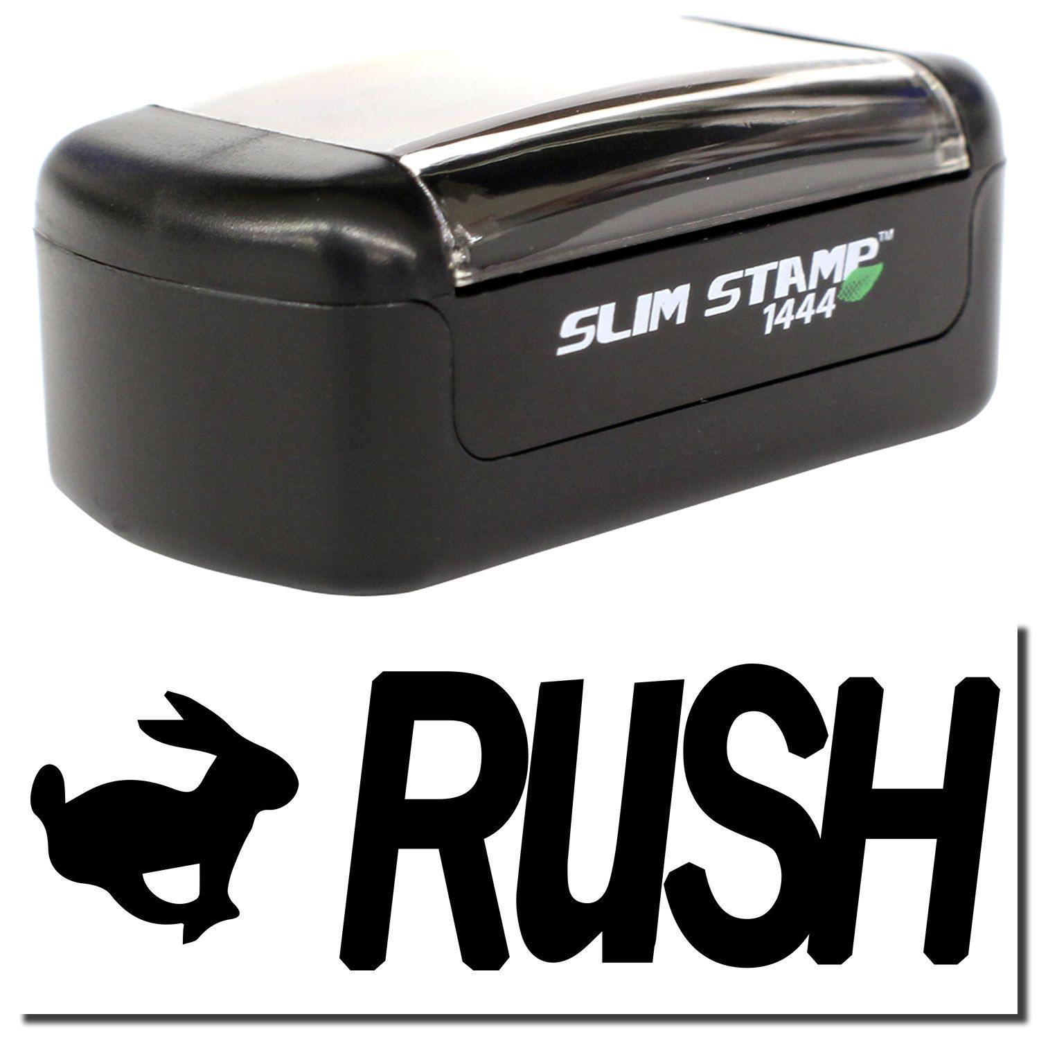 Slim Pre-Inked Rush with Rabbit Stamp, black, compact design, clear cover, and RUSH text with rabbit icon below.