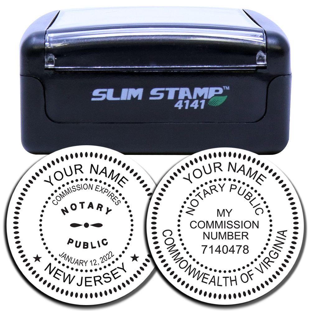 Slim Pre-Inked Stamp of Notary Public Seal with black casing and two sample impressions showing commission details for New Jersey and Virginia.