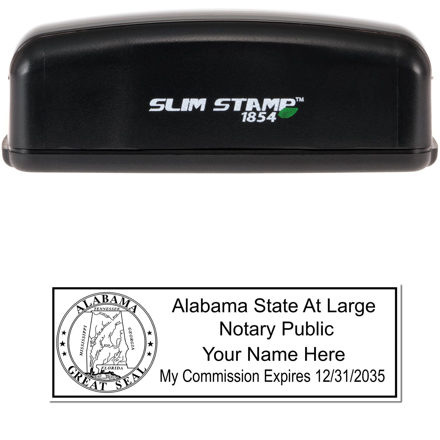 The main image for the Slim Pre-Inked State Seal Notary Stamp for Alabama depicting a sample of the imprint and electronic files