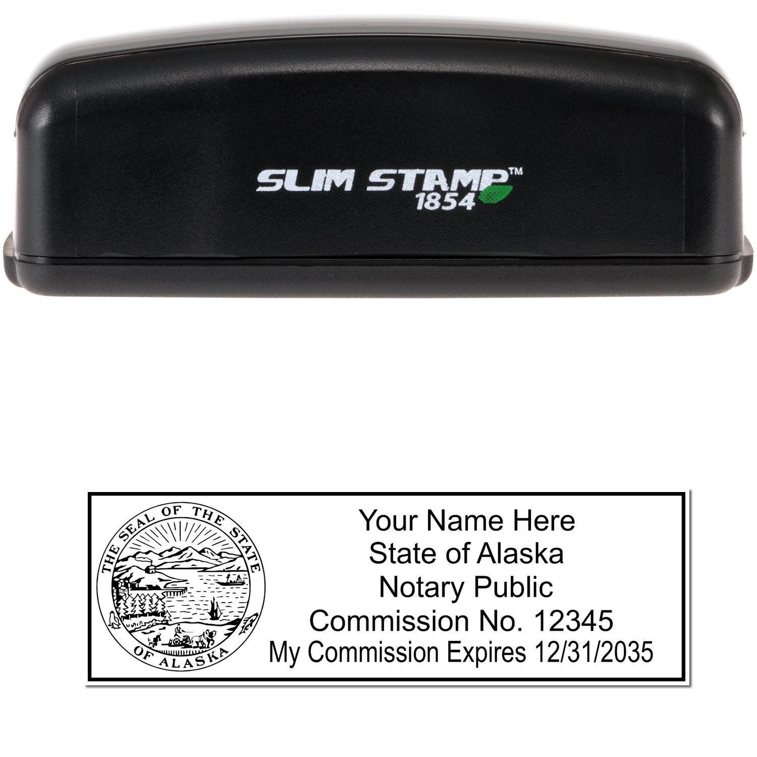 The main image for the Slim Pre-Inked State Seal Notary Stamp for Alaska depicting a sample of the imprint and electronic files