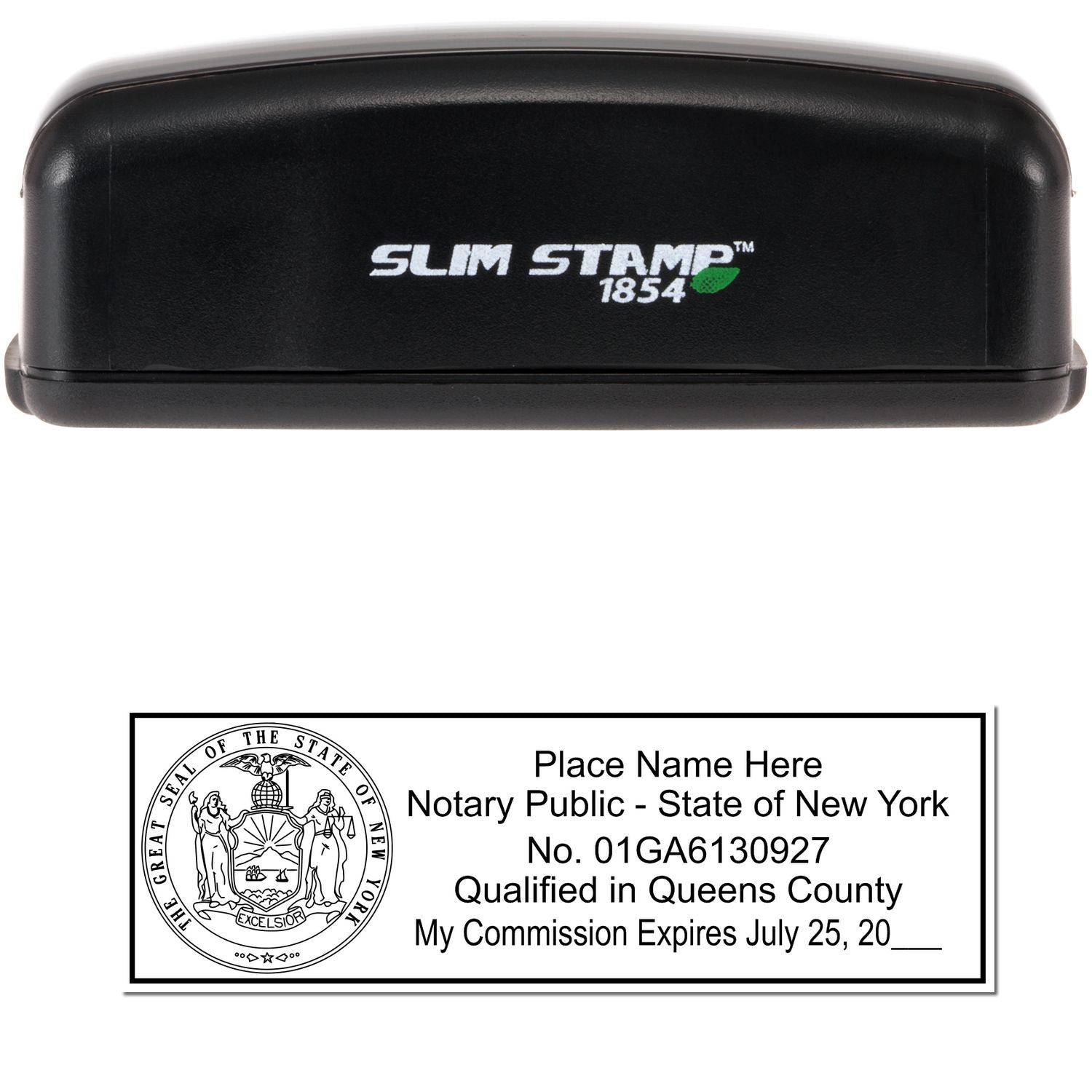 The main image for the Slim Pre-Inked State Seal Notary Stamp for New York depicting a sample of the imprint and electronic files