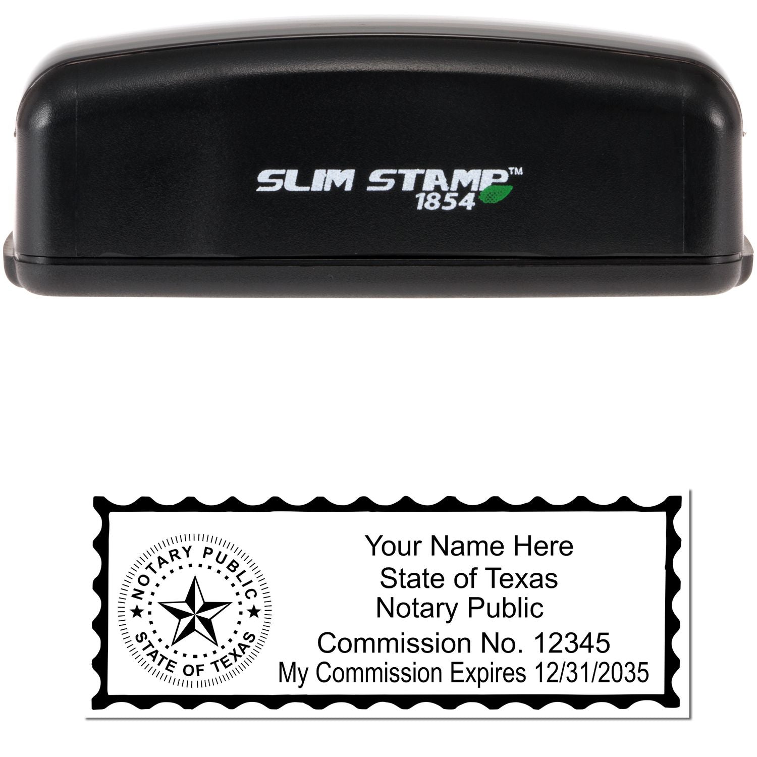 The main image for the Slim Pre-Inked State Seal Notary Stamp for Texas depicting a sample of the imprint and electronic files