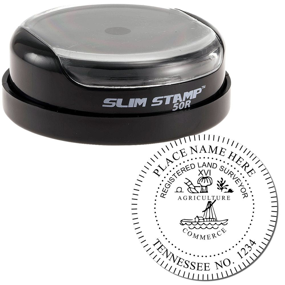 The main image for the Slim Pre-Inked Tennessee Land Surveyor Seal Stamp depicting a sample of the imprint and electronic files