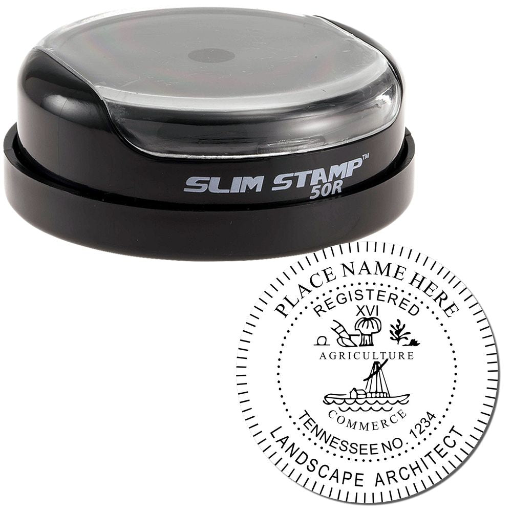The main image for the Slim Pre-Inked Tennessee Landscape Architect Seal Stamp depicting a sample of the imprint and electronic files