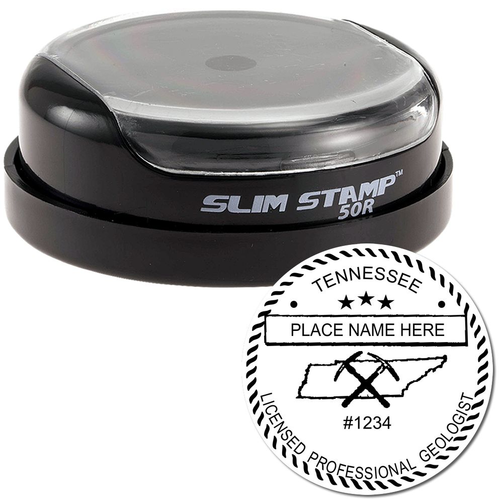 The main image for the Slim Pre-Inked Tennessee Professional Geologist Seal Stamp depicting a sample of the imprint and imprint sample