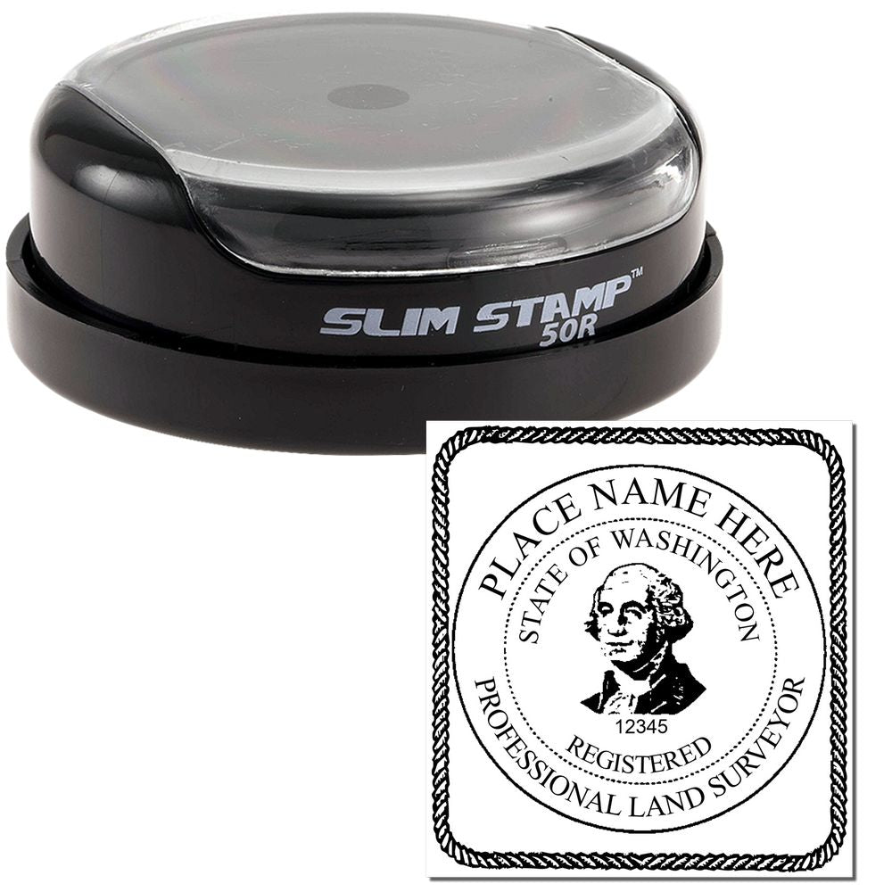The main image for the Slim Pre-Inked Washington Land Surveyor Seal Stamp depicting a sample of the imprint and electronic files