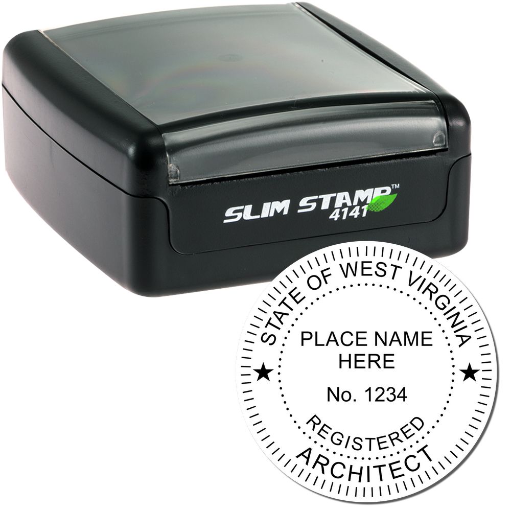 The main image for the Slim Pre-Inked West Virginia Architect Seal Stamp depicting a sample of the imprint and electronic files