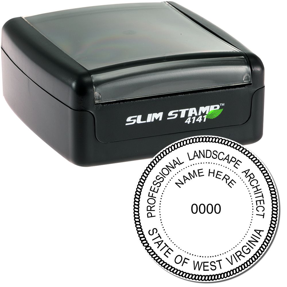 The main image for the Slim Pre-Inked West Virginia Landscape Architect Seal Stamp depicting a sample of the imprint and electronic files