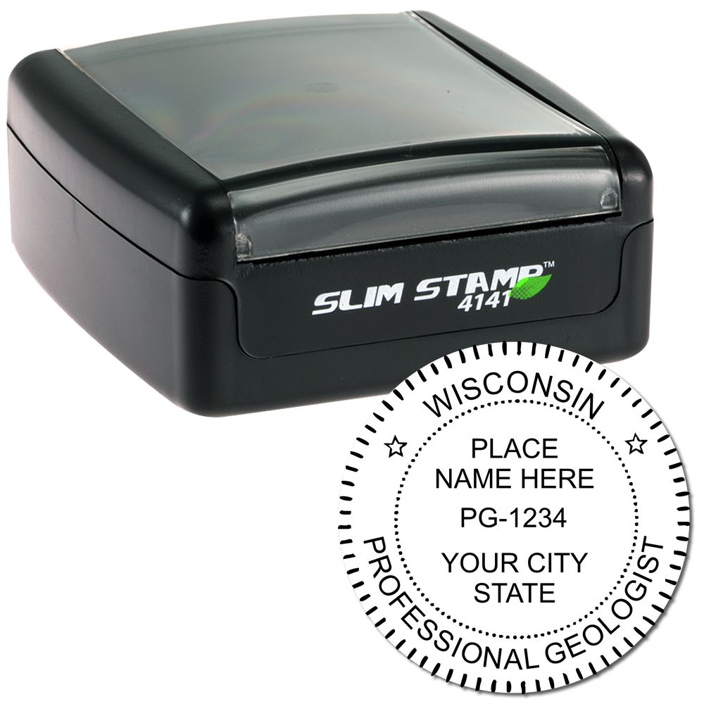 The main image for the Slim Pre-Inked Wisconsin Professional Geologist Seal Stamp depicting a sample of the imprint and imprint sample