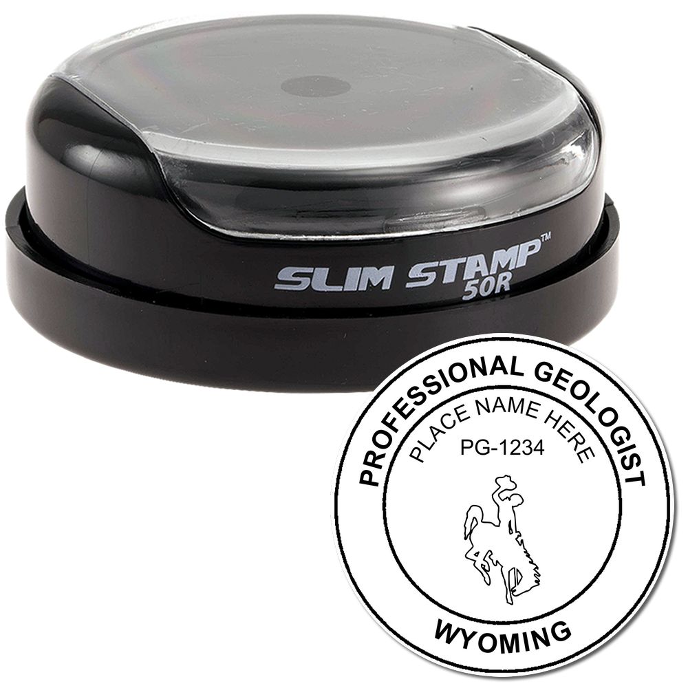 The main image for the Slim Pre-Inked Wyoming Professional Geologist Seal Stamp depicting a sample of the imprint and imprint sample