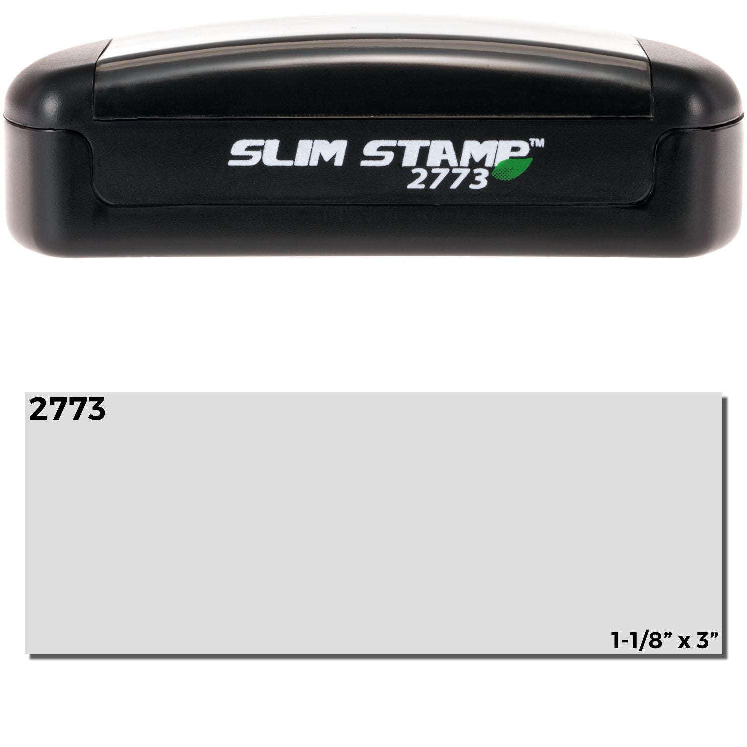 Slim Stamp 2773 Customized Pre-Inked Stamp 1-1/16 x 2-7/8, black casing, with a sample imprint area showing dimensions 1-1/8 x 3 .