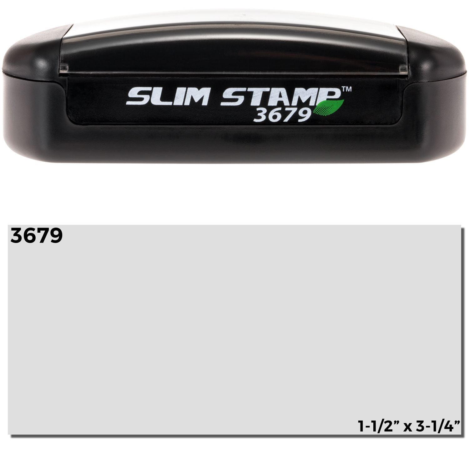Slim Stamp 3679 Customized Pre-Inked Stamp 1-7/16 x 3-1/8, black casing with green leaf logo, shown with imprint size 1-1/2 x 3-1/4 .