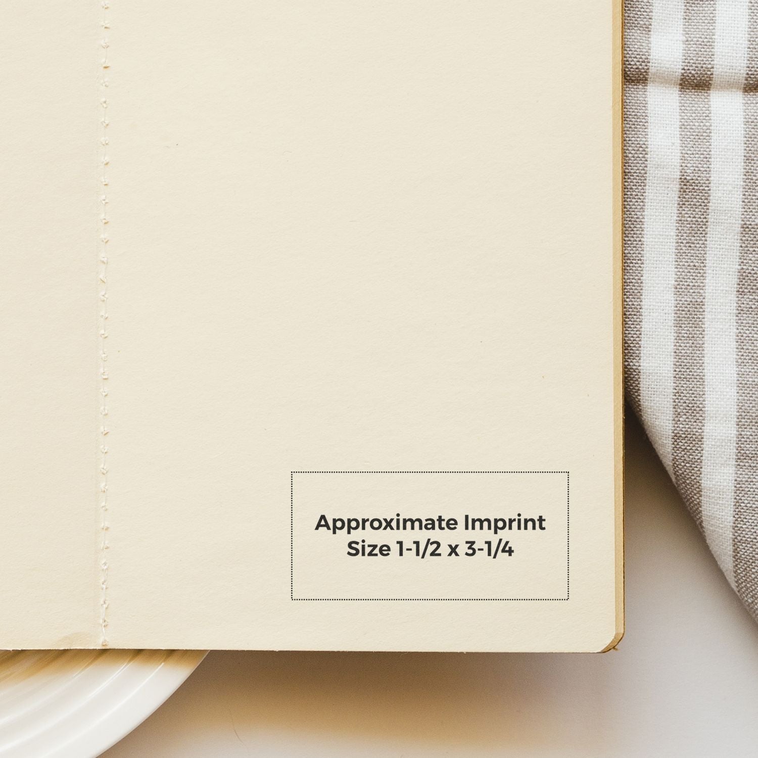Slim Stamp 3679 Customized Pre-Inked Stamp 1-7/16 x 3-1/8 shown on a beige notebook page with approximate imprint size of 1-1/2 x 3-1/4.